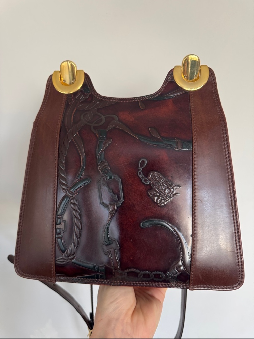 Vintage Leather Crossbody Bag in Dark Brown with Embossed Detail